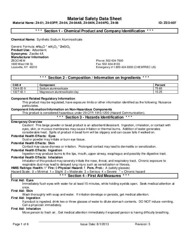 HLA Heatless Desiccant Dryers Material Safety Data Sheet