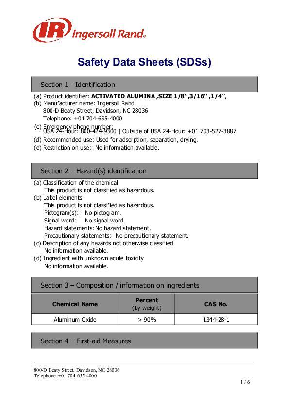 HLA Heatless Desiccant Dryers Safety Data Sheet